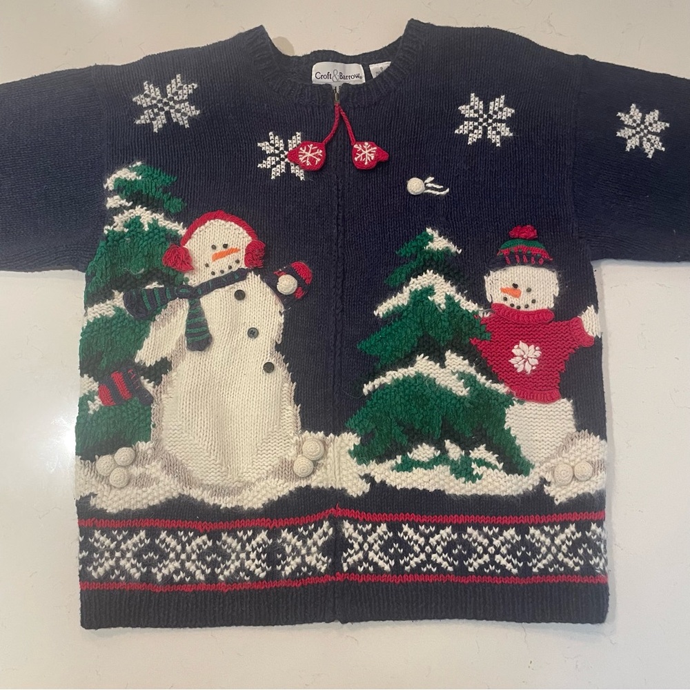 Croft & Barrow Hand Knit Sweater Blue Winter Snowman Full Zip Small Winter